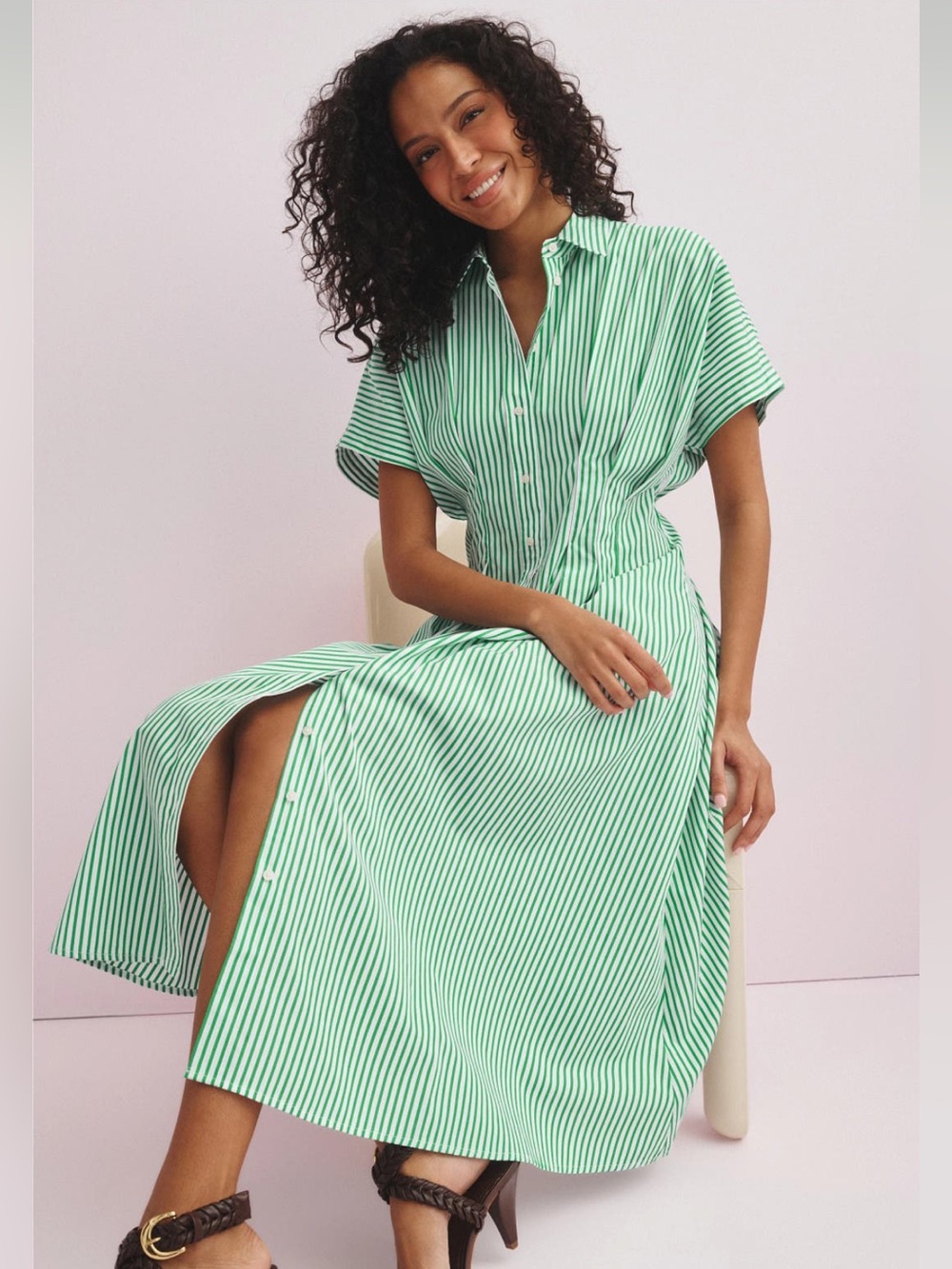 Lauren Ralph Lauren Short Sleeve Striped Collar Midi Dress